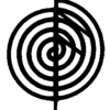 an inward focusing spiral with the FUTHARC rune for Ash superimposed with the upright stave centered through the spiral.