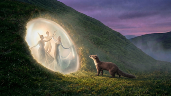 A European stone marten peers into a glowing entrance in Sìthean Mòr—the Big Fairy Mound—on the Isle of Iona, where three luminous figures dance within. Purple twilight settles over the surrounding grassy hills.